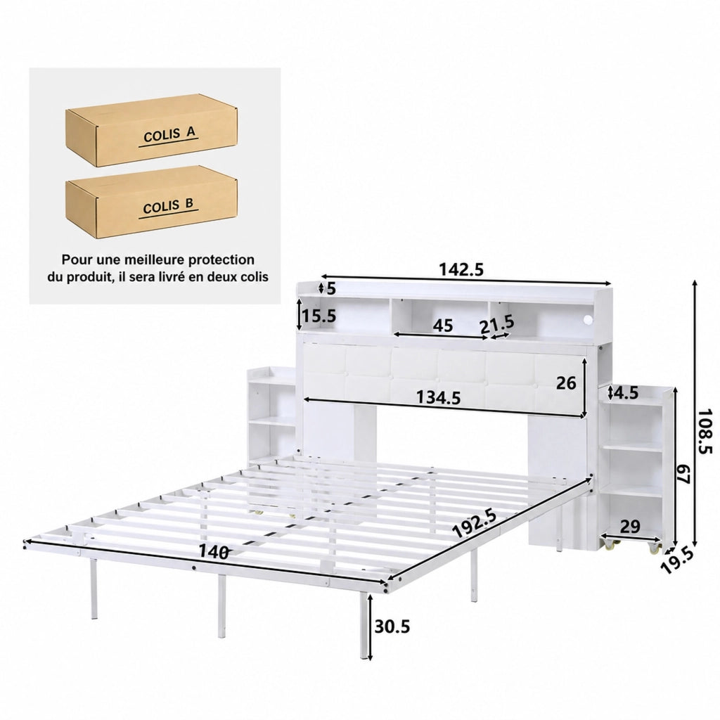Letto matrimoniale 140 × 190 cm con LED, USB e Type-C, 2 comodini estraibili, senza materasso, in metallo, bianco