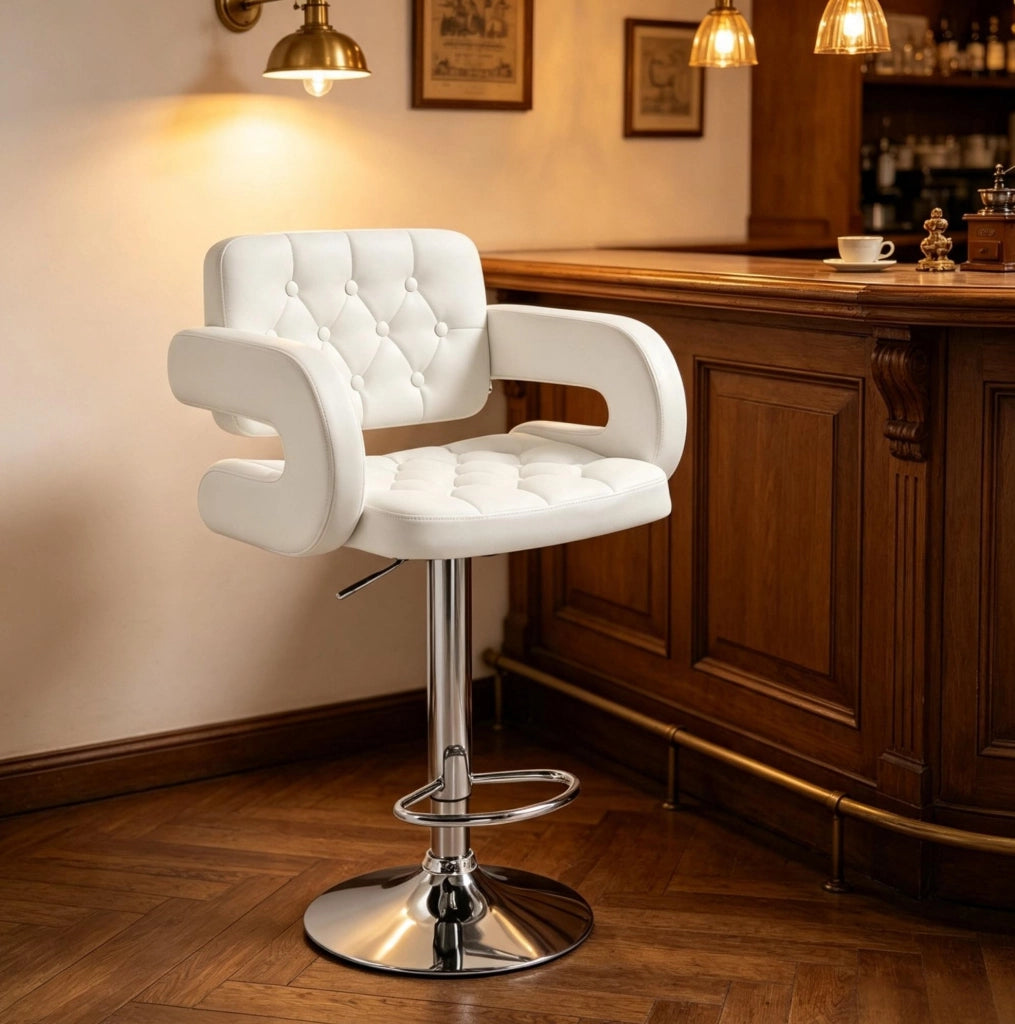 Sgabello da Bar Bianco Regolabile con Schienale, Braccioli e Base in Metallo
