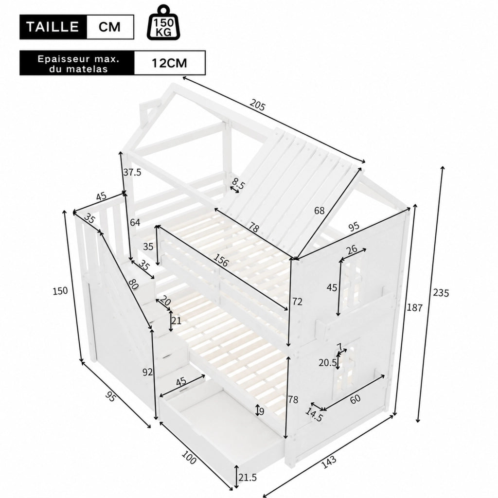 Letto a castello per bambini 90x200 cm con scala contenitore, cassetti e ripiani, senza materasso, bianco
