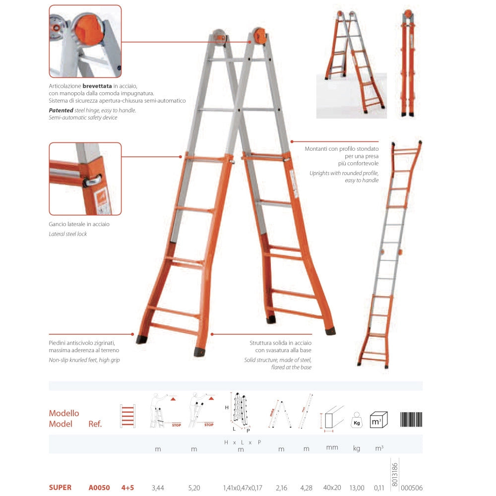 Trade Shop - Scala Scaletto Telescopico Super In Acciaio 5,20 Mt Gierre Multiuso 5+4 Gradini -