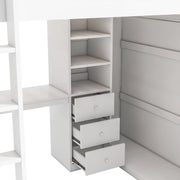 Letto a soppalco 140×200 cm con scrivania; armadio; 3 cassetti; scala e sponde; senza materasso; bianco