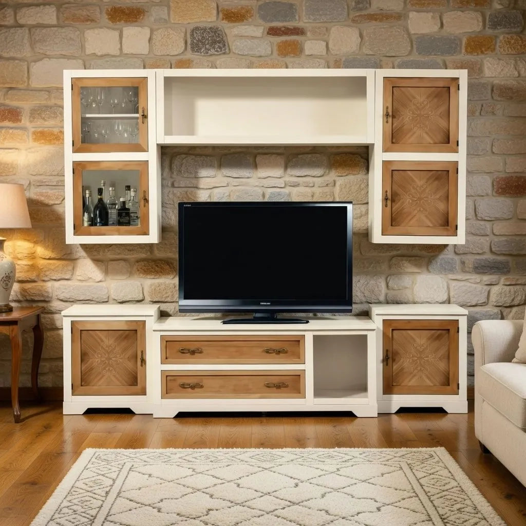 Parete attrezzata in legno avorio/noce grano 260x65 - Mobili 2G
