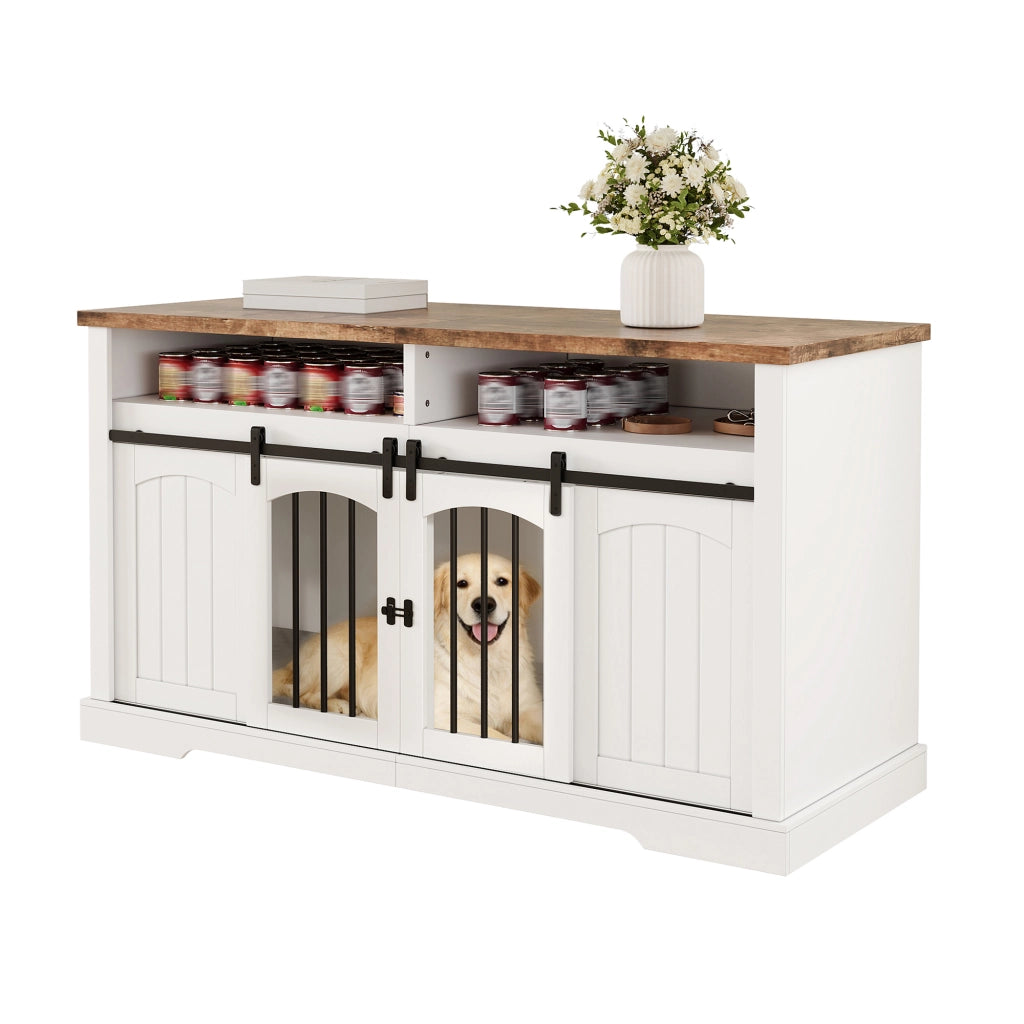 Cuccia Mobile per Cani 153×60×85 cm con Porta Scorrevole; Divisorio Rimovibile e Piano Effetto Legno; Bianco