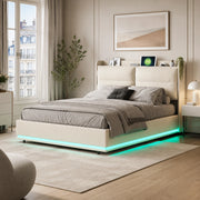 Letto contenitore 160x200 cm velluto beige, testiera imbottita, ricarica wireless, USB‑C e USB, luci RGB‑LED con telecomando, meccanismo idraulico