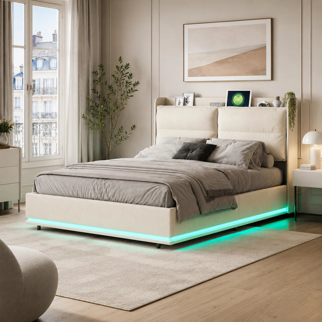 Letto contenitore 160x200 cm velluto beige, testiera imbottita, ricarica wireless, USB‑C e USB, luci RGB‑LED con telecomando, meccanismo idraulico