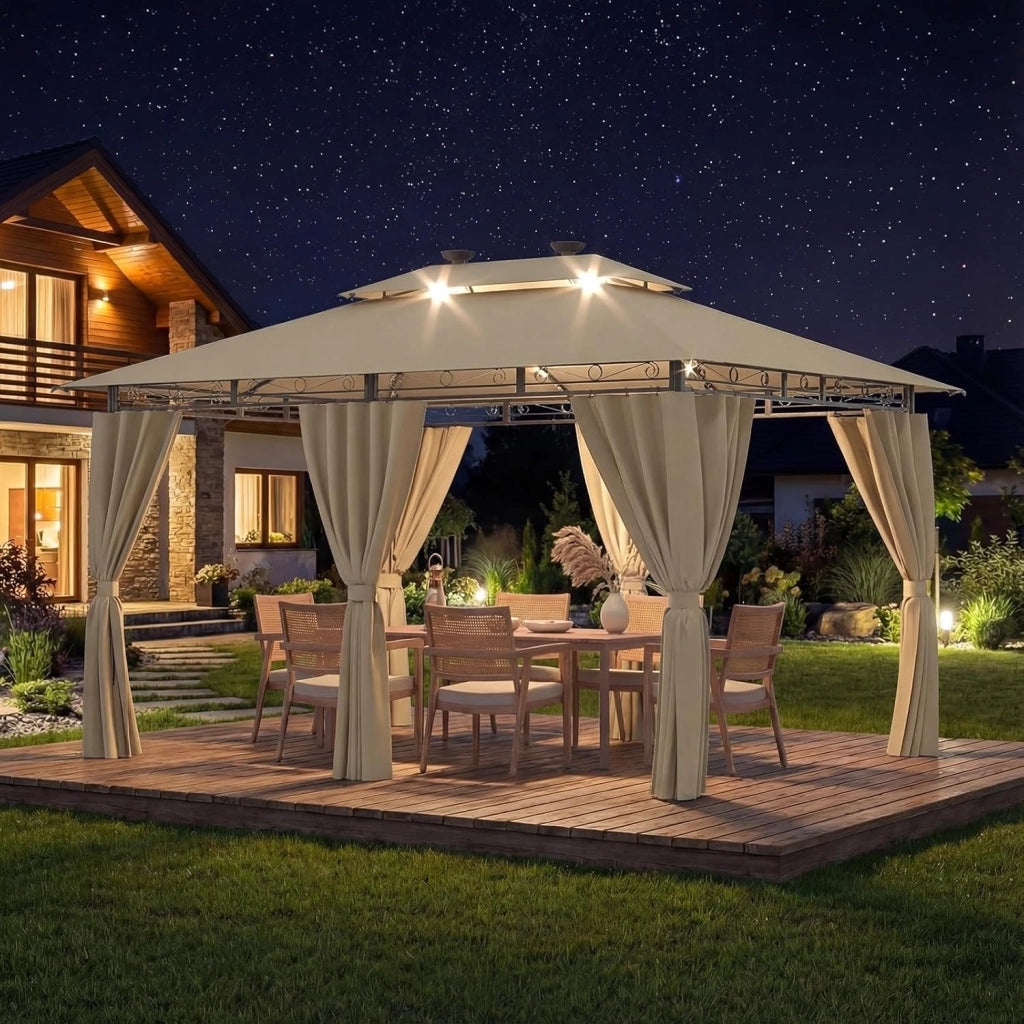 Gazebo Esterno Resistente 3x4m con Luce LED, Gazebo da Giardino Impermeabile Robusto per 6-8 Persone, Doppio Tetto Protezione UV50+, Tenda da Giardino per Famiglie Festival Eventi, Beige