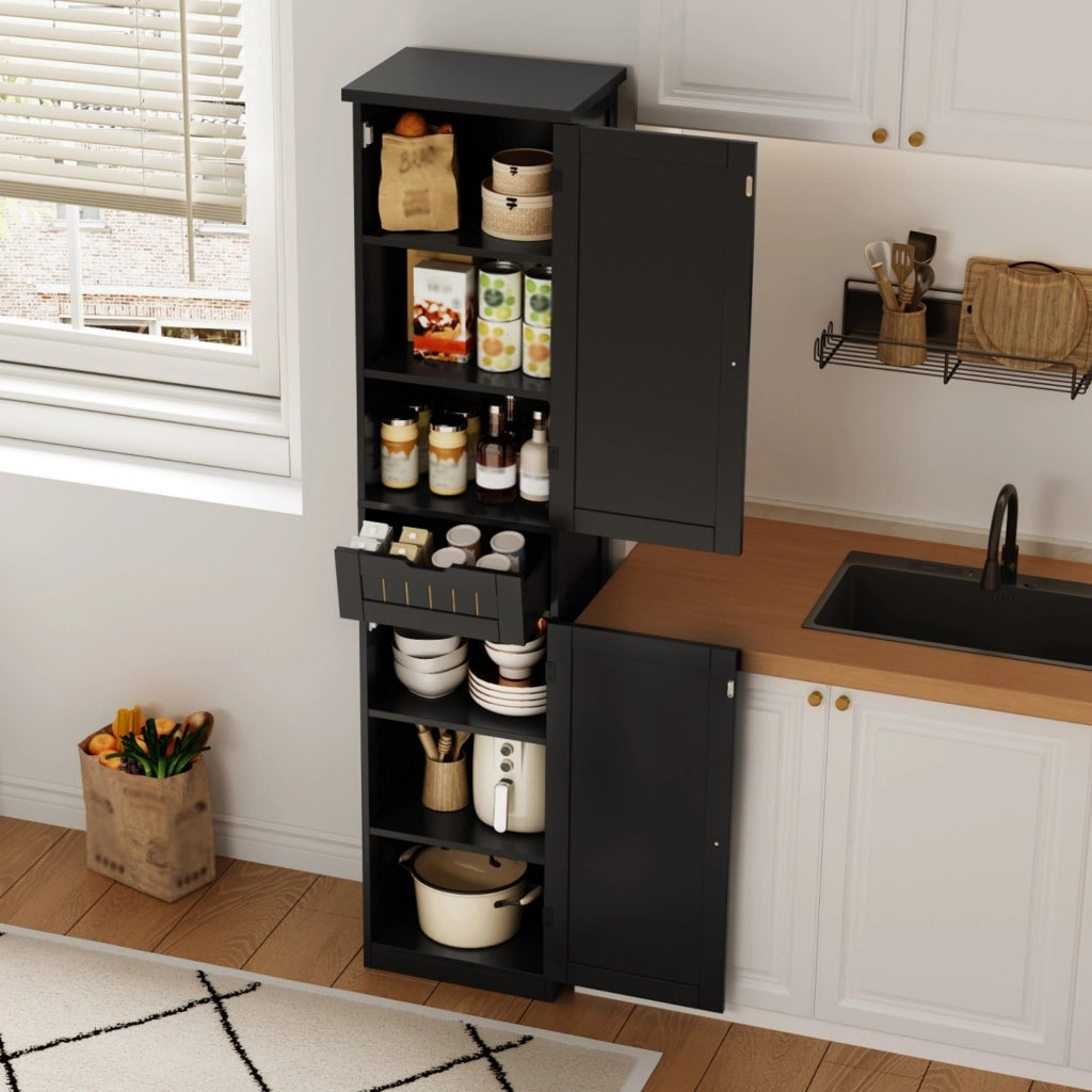 Mobile contenitore nero in MDF, 40 x 30 x 170 cm, con ante, cassetto e ripiani regolabili
