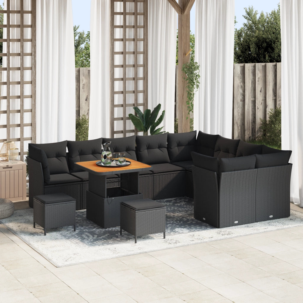 Set Divano da Giardino 12 Pezzi con Cuscini Nero Polyrattan Acacia