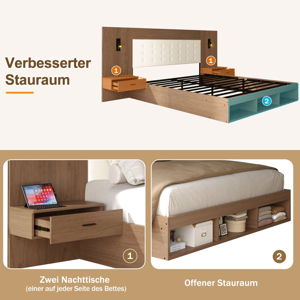 DESMIU Letto con contenitore 180 × 200 cm 2 posti con USB, Type-C e luce da lettura, senza materasso, in MDF, noce
