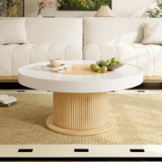 Tavolino da salotto rotondo 75x75x39 cm in MDF e PVC; naturale e bianco