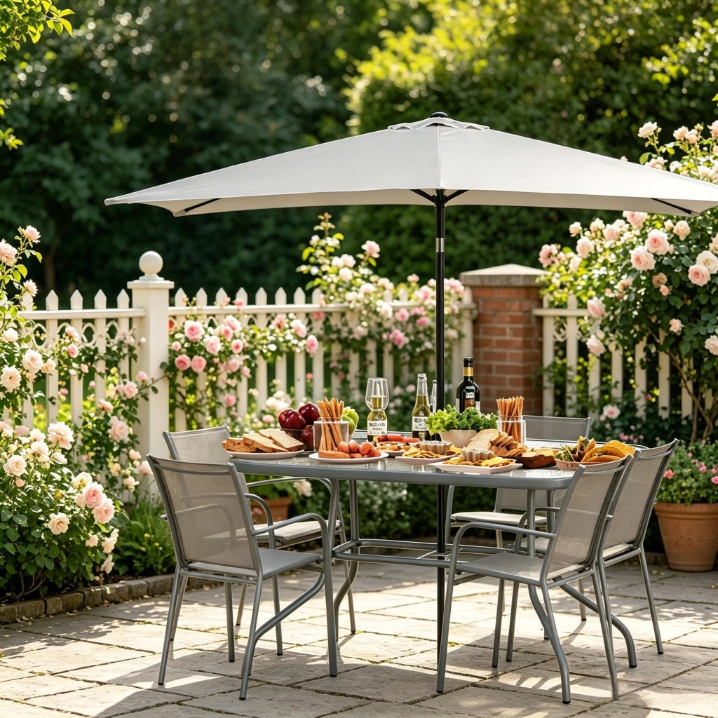 Tavolo da pranzo per esterni rettangolare con foro per ombrellone in metallo e vetro temperato grigio 120 × 80 × 70 cm