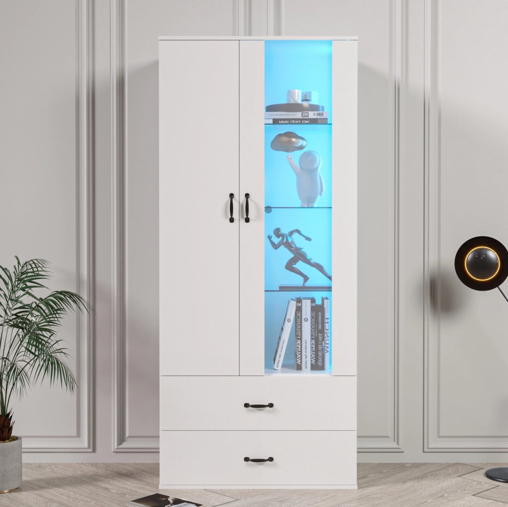 Vetrina alta moderna bianca 59;5x35x182 cm con LED Bluetooth; 2 porte e 5 vani