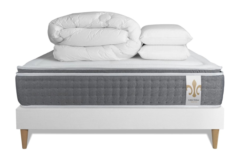Pacchetto letto completo - Materasso 140x190cm + Box spring con doghe (kit) + 2 cuscini + Piumino - Vingt-Six PLUS