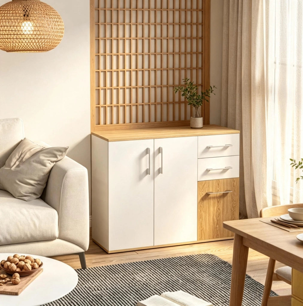 Credenza moderna 90 cm bianca e naturale con 2 cassetti
