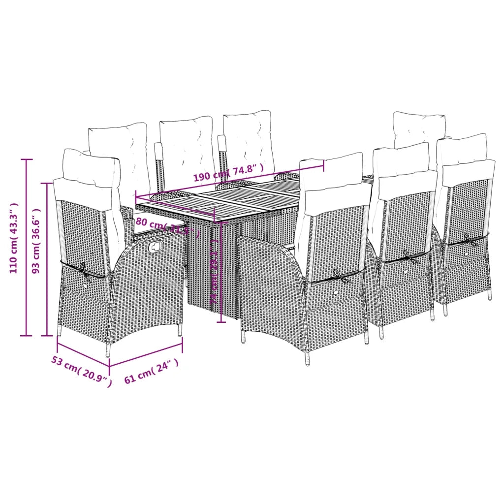 Set da Pranzo da Giardino 9 pz con Cuscini Nero in Polyrattan