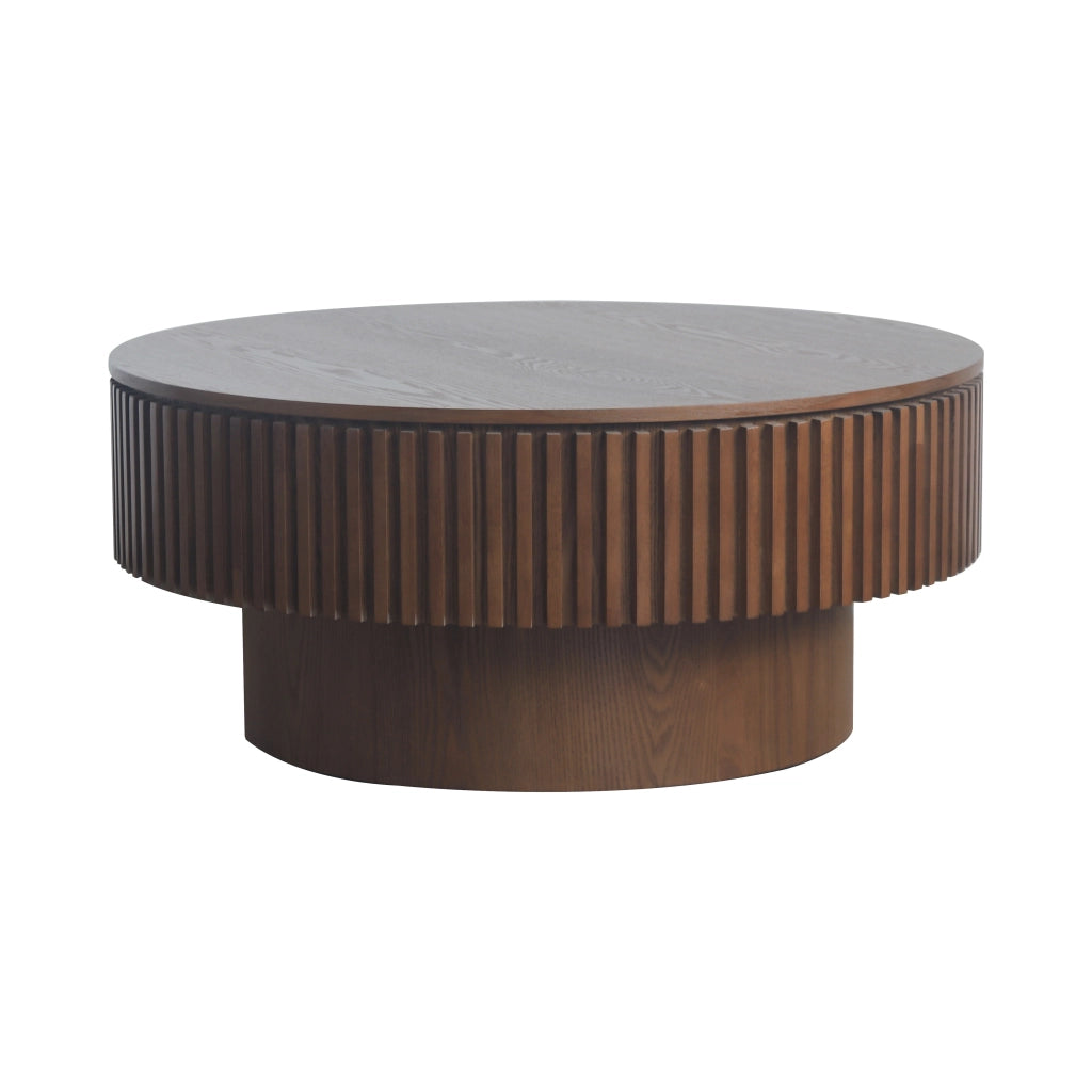 Tavolino basso rotondo con contenitore nascosto, in MDF e legno massello, finitura noce, per soggiorno e ufficio, Ø 75 cm
