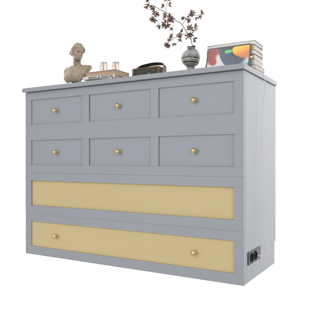DESMIU Letto combinato 2 posti con cassetto, USB e presa, 140 × 200 cm, senza materasso, MDF, grigio