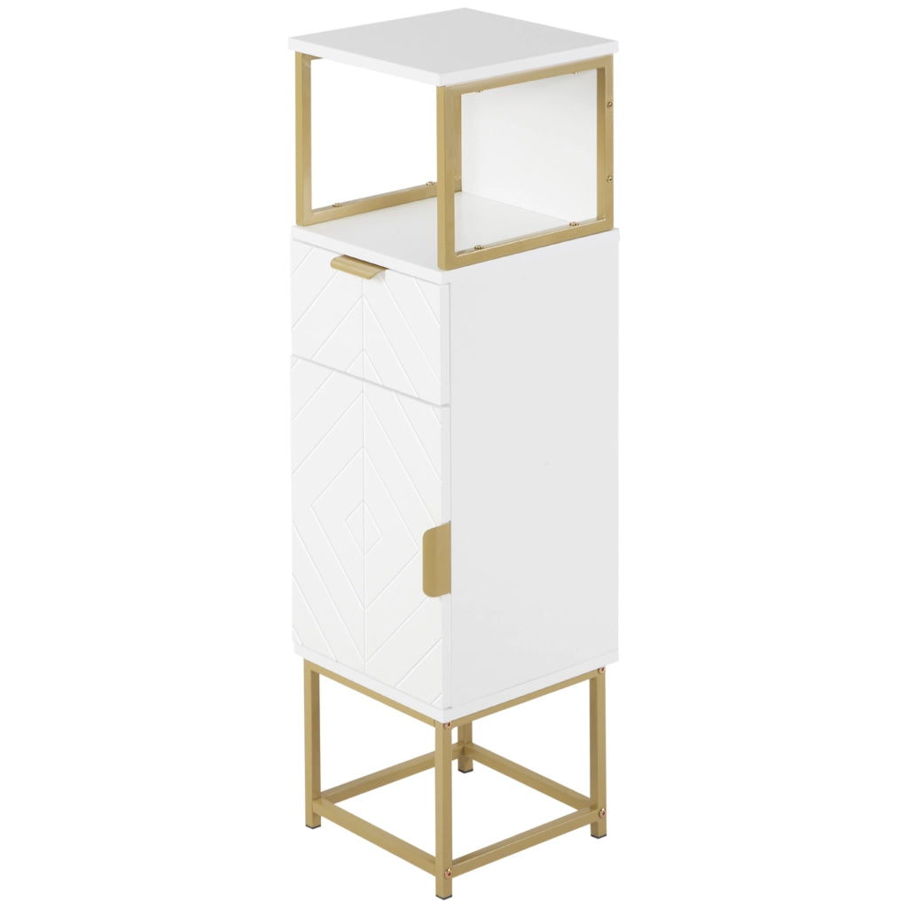 Mobile Bagno con Cassetto, Armadietto e Ripiano ¨C zephmum ¨C Legno e Metallo, Bianco, 30x30x105cm
