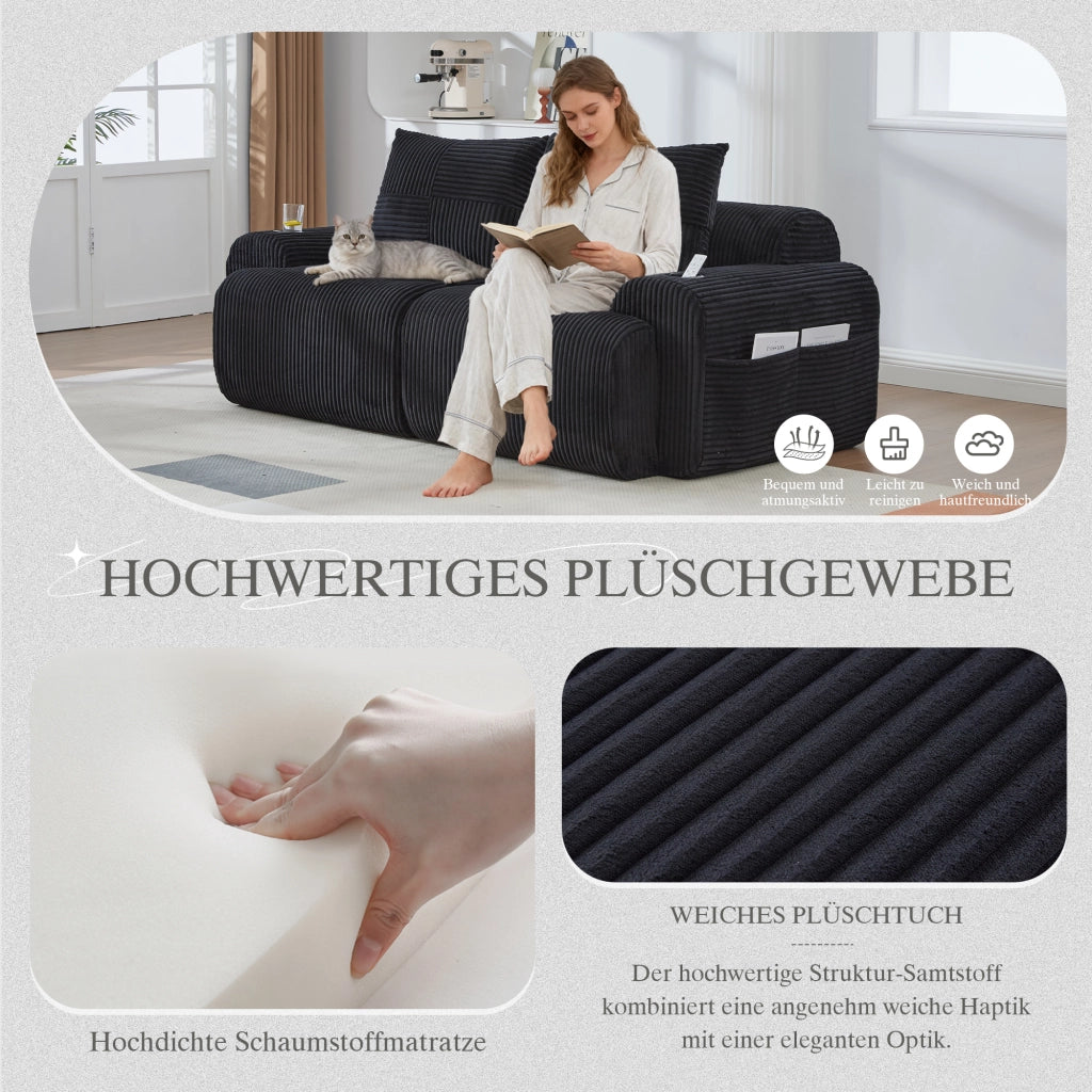 Divano modulare a 2 posti con portabicchieri e tasca laterale con imbottitura ergonomica in tessuto a coste nero