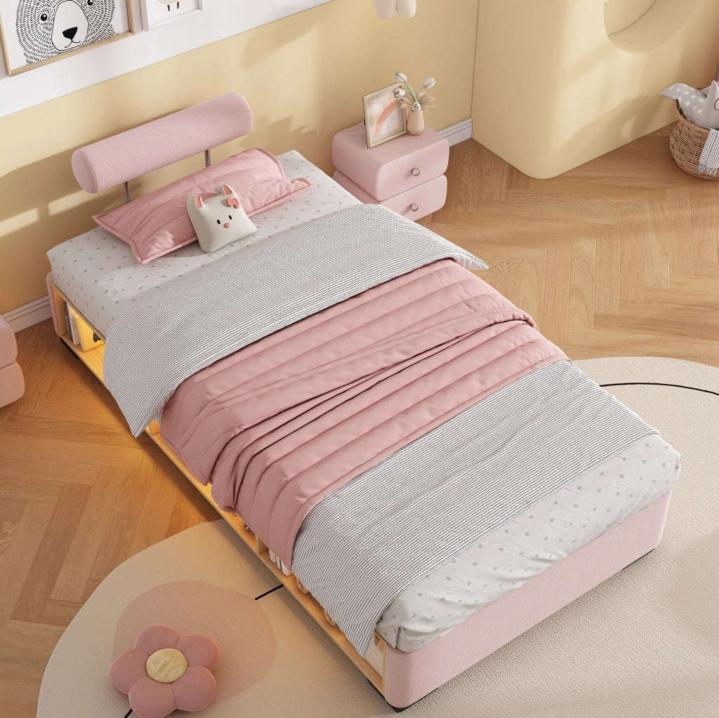 Letto imbottito 90x200 cm con libreria laterale LED e contenitore in velluto rosa