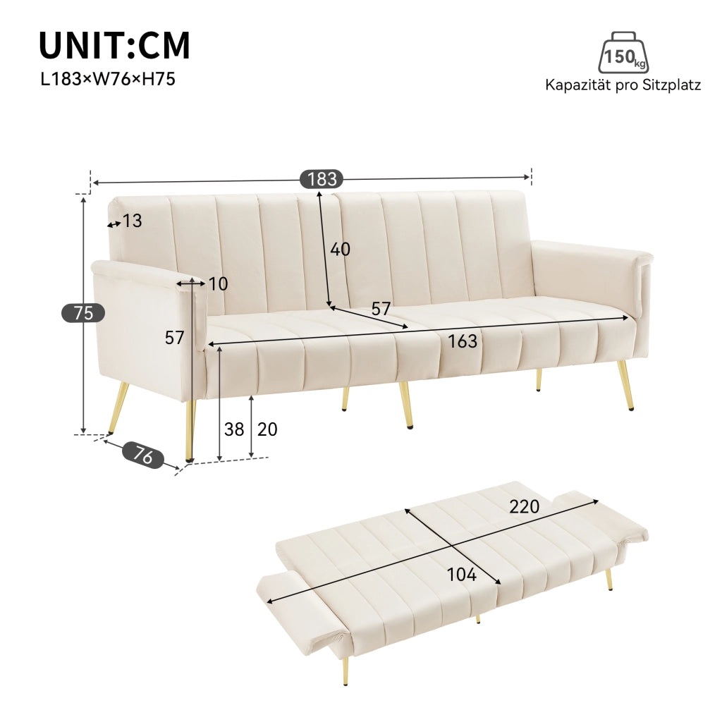 Divano letto convertibile con schienale e braccioli regolabili, gambe in metallo in velluto beige 183 × 76 × 75 cm