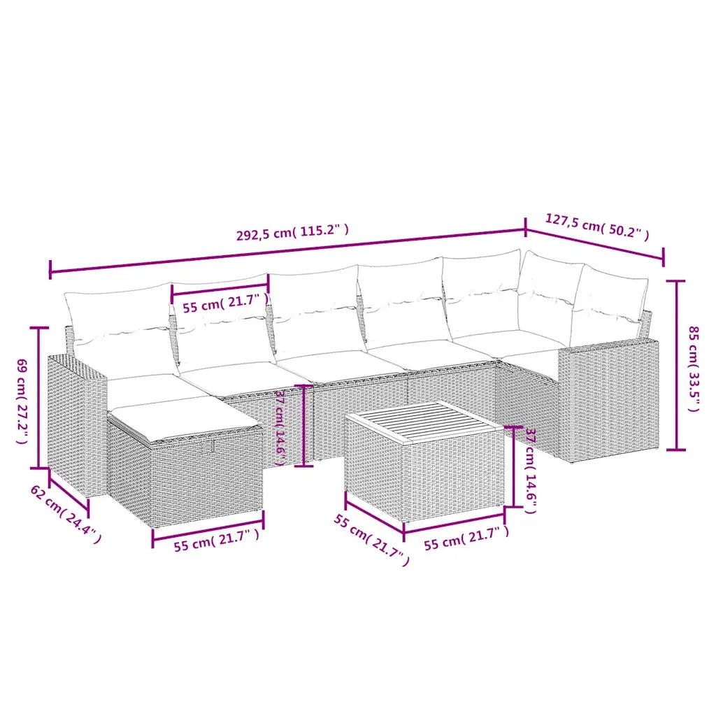 Set Divano da Giardino 8 pz con Cuscini Beige in Polyrattan 3264845