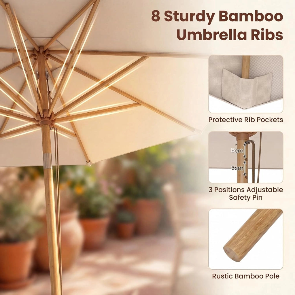 Ombrellone da Giardino Rotondo da 270 cm, Inclinazione e Altezza Regolabile, Ombrellone da Esterno con Struttura in Bambù, 8 Stecche, Anti UV, per Balcone, Terrazzo, Spiaggia
