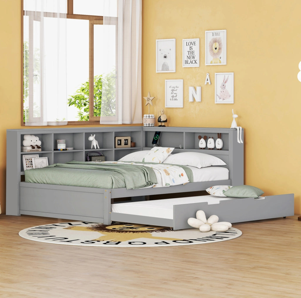 Letto 140x200 cm con USB e vani portaoggetti in legno grigio