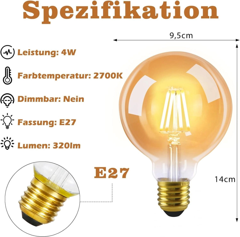 ZMH Confezione da 2 Lampadine LED E27 Vintage Lampadina a filamento Edison G95 2700K 4W Bianco Caldo