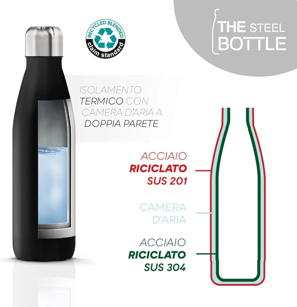 The Steel Bottle Bottiglia termica in Acciaio Inox Capacità 500 ml Chiusura Ermetica - Nero