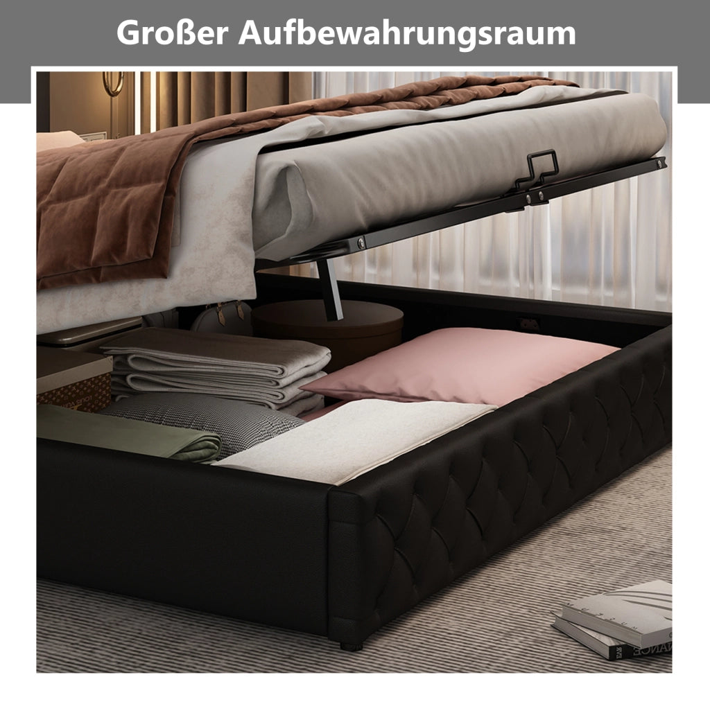 Letto imbottito 140 x 190 cm con contenitore e LED, nero