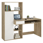 Scrivania multifunzione con Annalou, cassetto e anta, colore bianco e rovere, cm 162 x 155 x 60