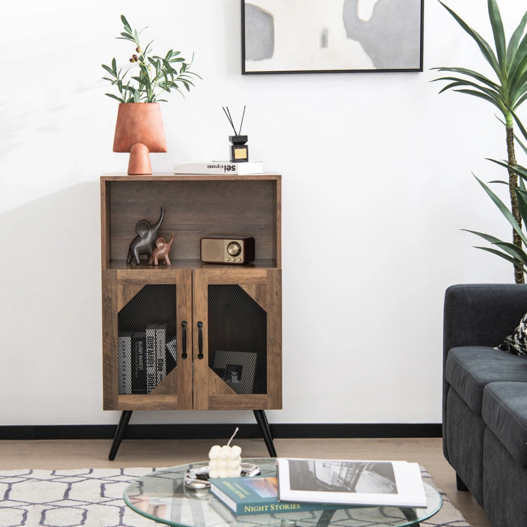 Cantinetta vino industriale con portabottiglie rimovibile-Buffet-Armadio da cucina Credenza da cucina con 2 ante in rete Marrone rustico