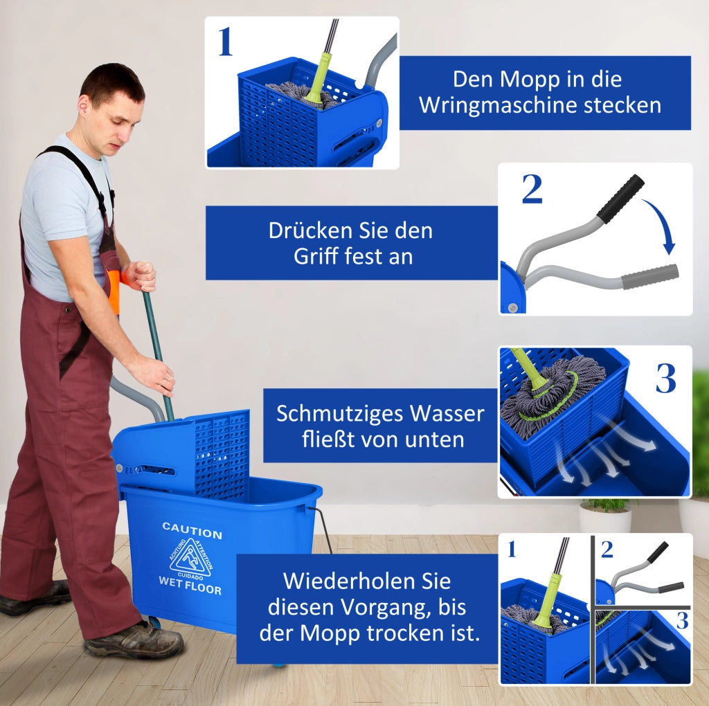 Secchio lavapavimenti da 20 L con strizzatore, separatore e ruote blu