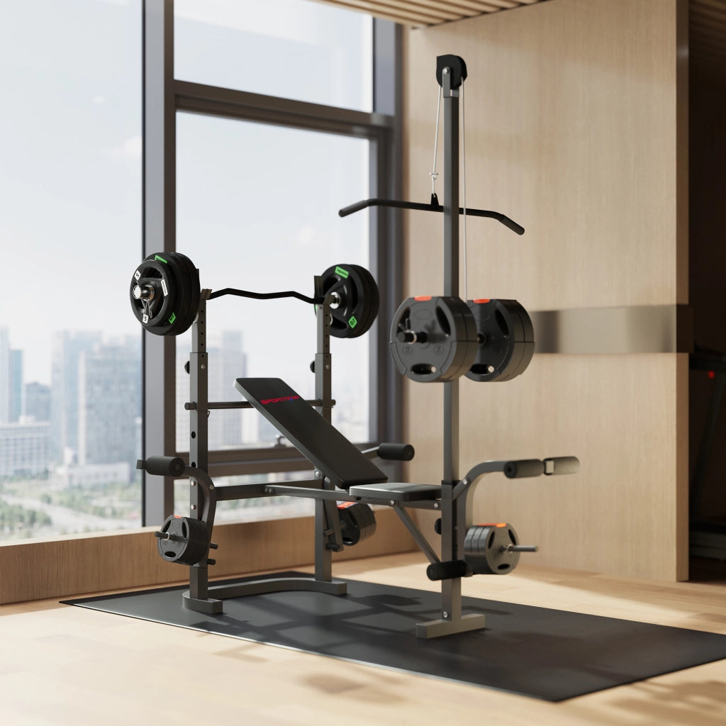 Panca Palestra Multifunzione Regolabile con Rack Bilanciere con Leg Extension Low Row Arm Curl Nero