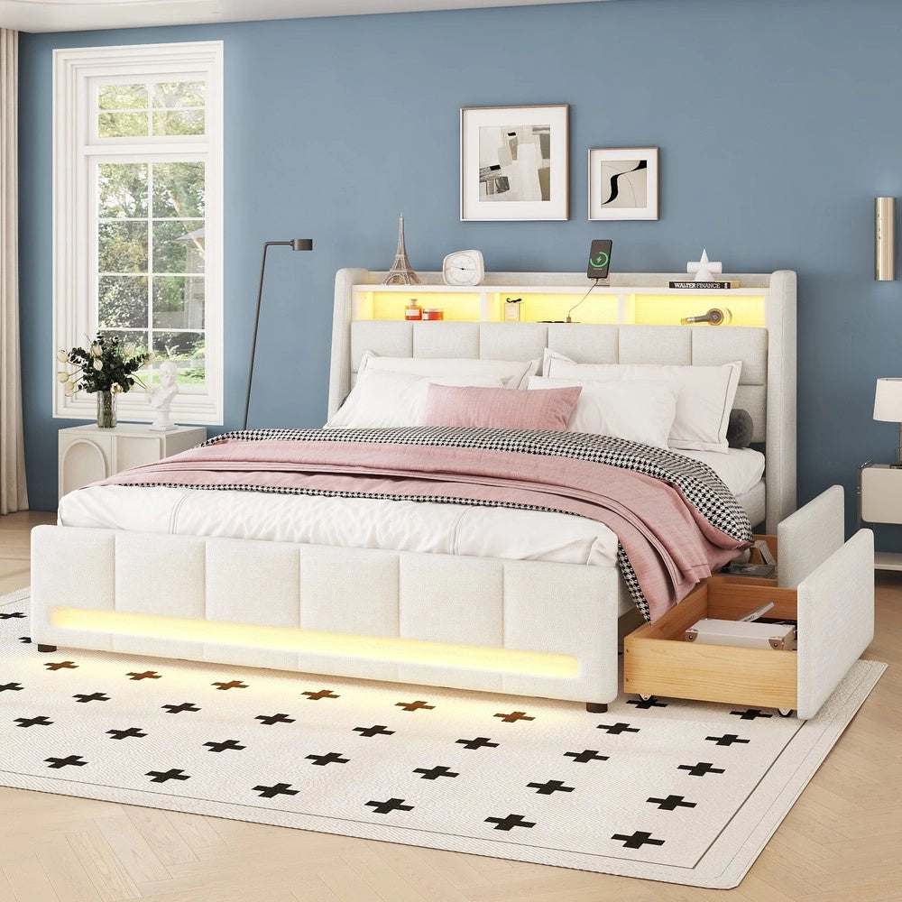 Letto Imbottito con Cassetti e LED ¨C MINIMAL ¨C Lino Beige 140x200