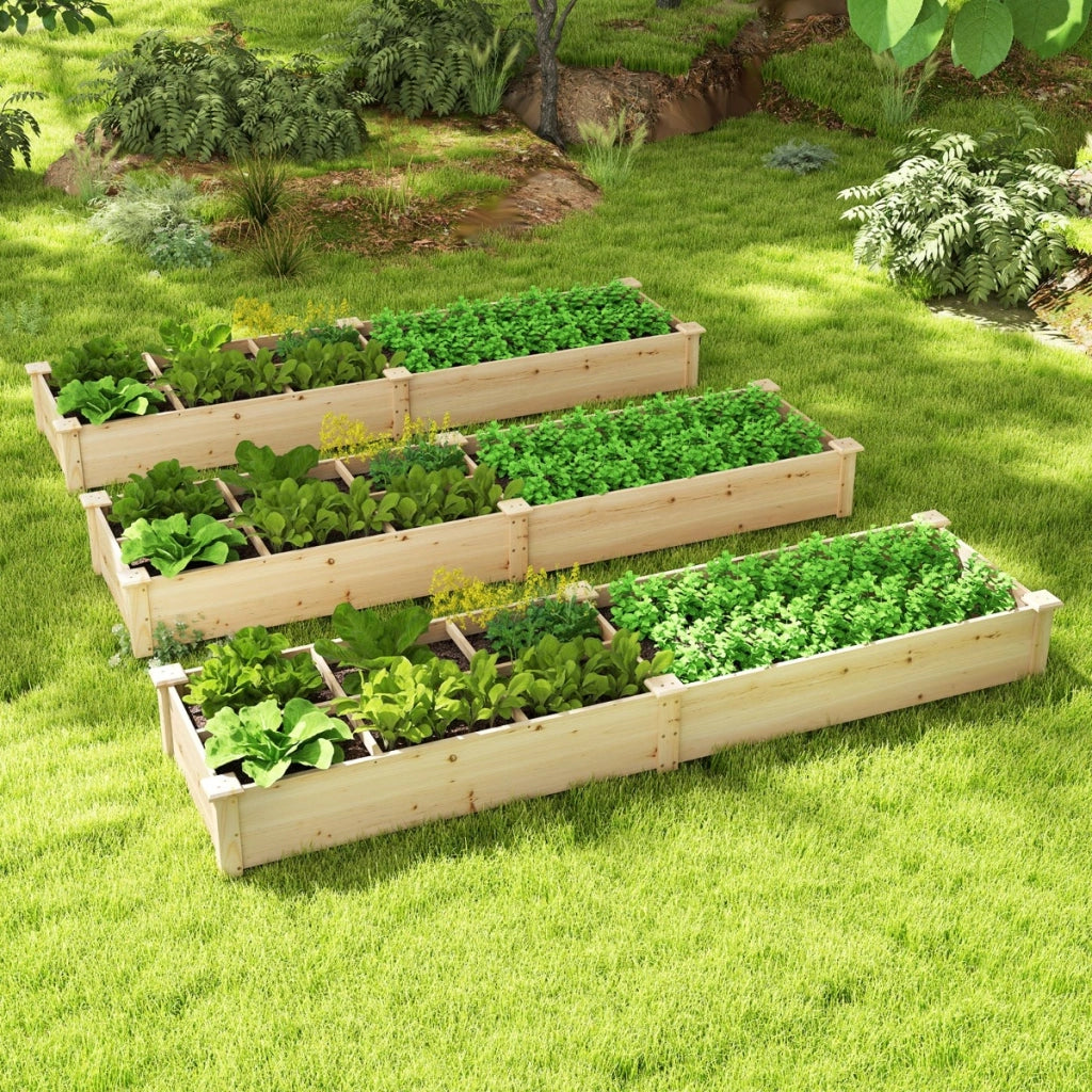 Lettino da giardino elevato in legno con 2 scatole per piante e separatori, Letto da giardino elevato per fiori verdure frutta e erbe Naturale