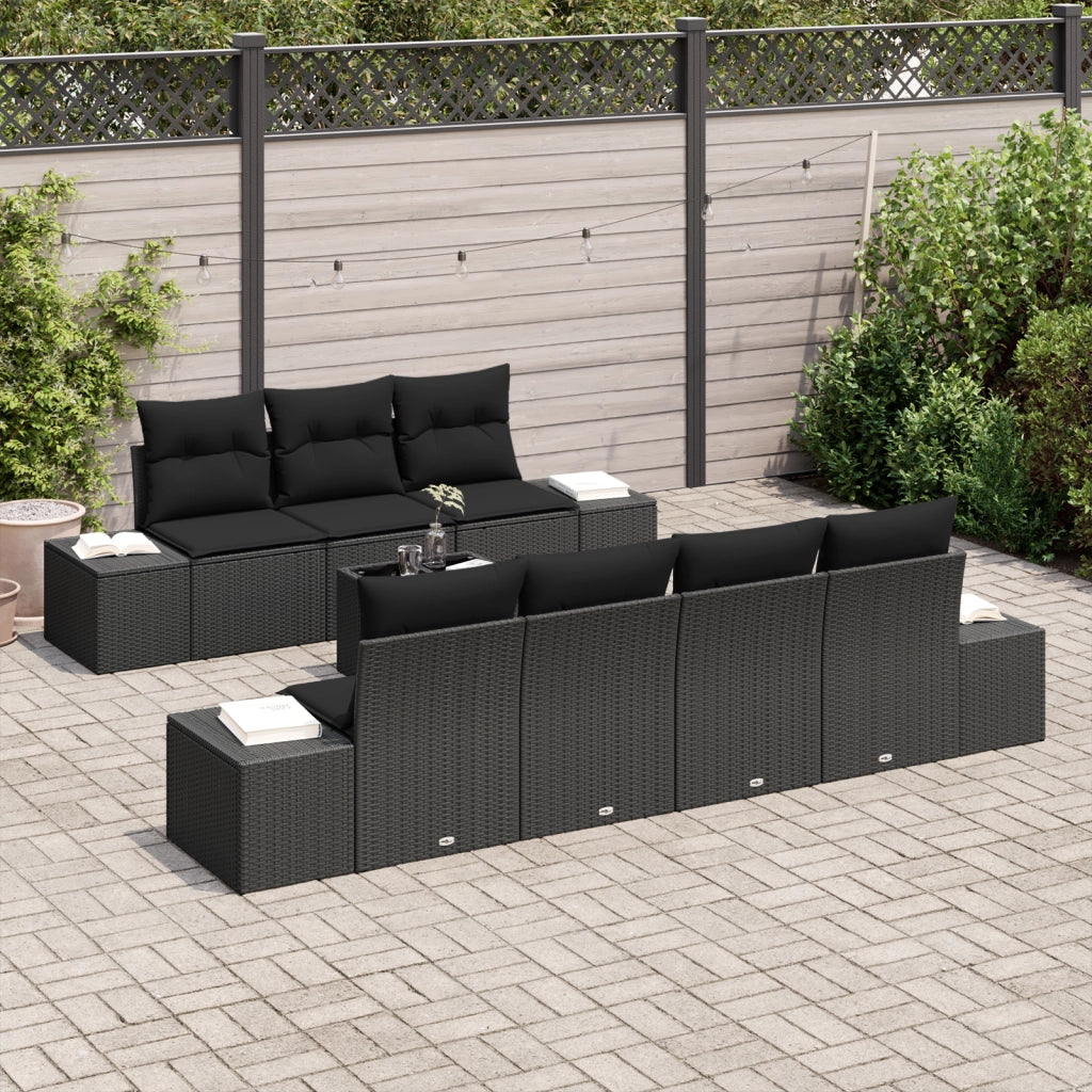 Set di divani da giardino a 8 pezzi con cuscini neri in polyrattan