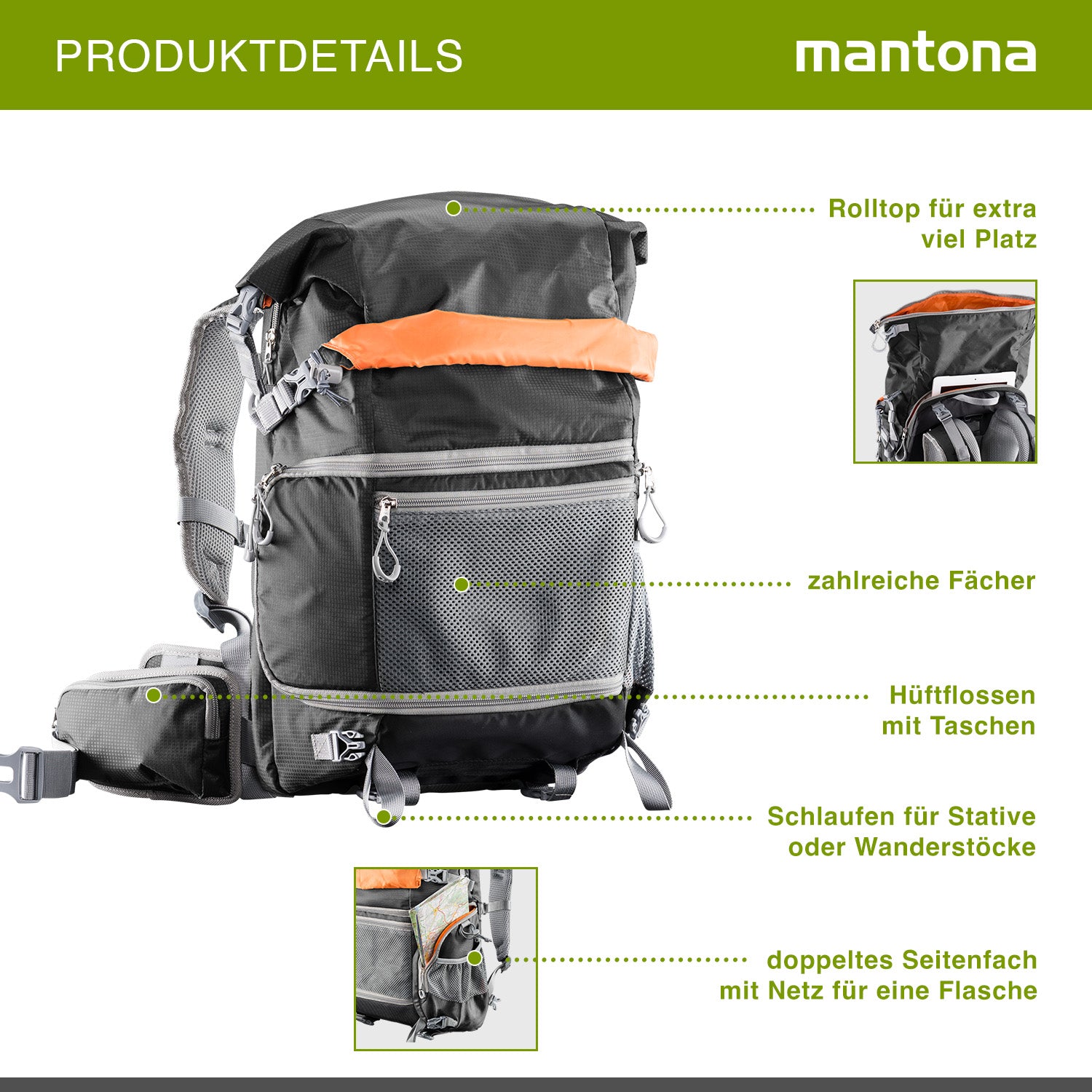 Mantona ElementsPro 30 Zaino per esterni (incl. cintura anca staccabile e copertura antipioggia, adatto a fotocamere DSLR o a sistema) nero, 480mm, 20586