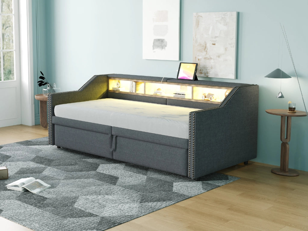DESMIU Lit divano 90 × 200 cm et 180 × 200 cm 2 posti con ripiani, LED, USB, senza materasso, in lino, grigio scuro