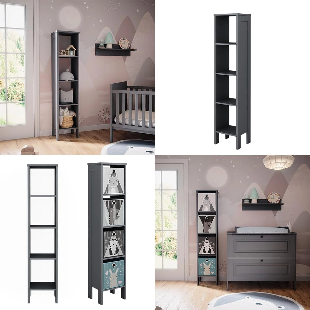 Scaffale per bambini Ajaton, Grigio, 35.2 x 159.5 cm, per riporre giocattoli e libri con scatole pieghevoli