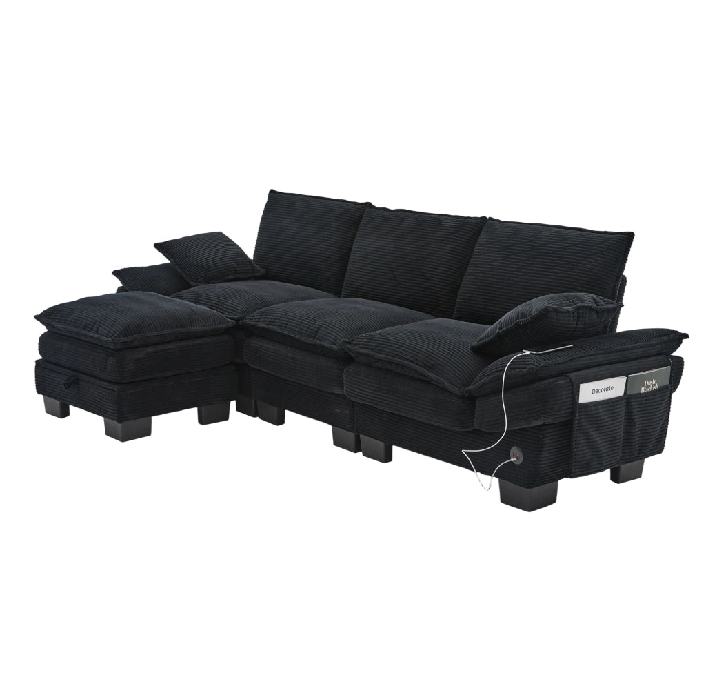 Divano modulare a 3 posti con pouf contenitore; in corduroy nero; 260 cm; con USB-C