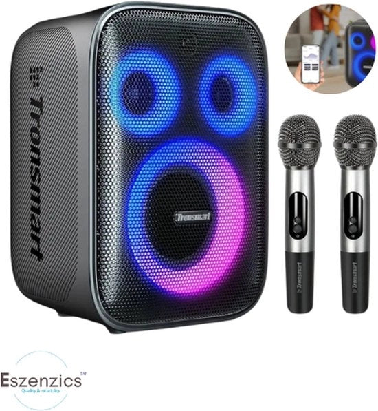 Kit di Karaoke Partybox - 3 Canali Altoparlante - 120 W - 2 Microfoni Senza Fili - Illuminazione a Scegliere e Equalizzatore via App - Ingresso Microfono e Chitarra - Nero