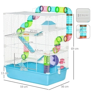 Gabbia per piccoli animali a 5 livelli con rampa ruota ciotola e borraccia in plastica azzurro 59 × 36 × 69 cm