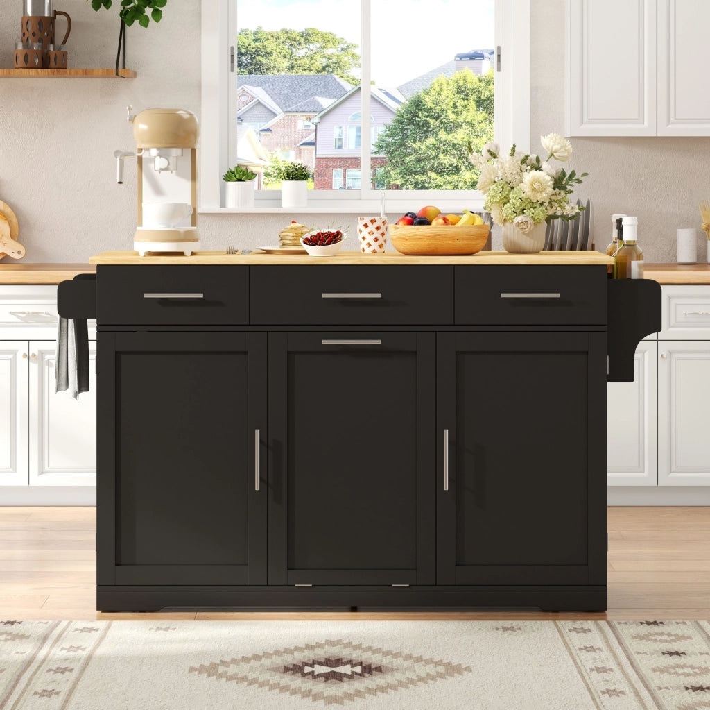 Isola da cucina mobile 136 x 75 x 92 cm in MDF nero e naturale; con prese integrate e 3 cassetti