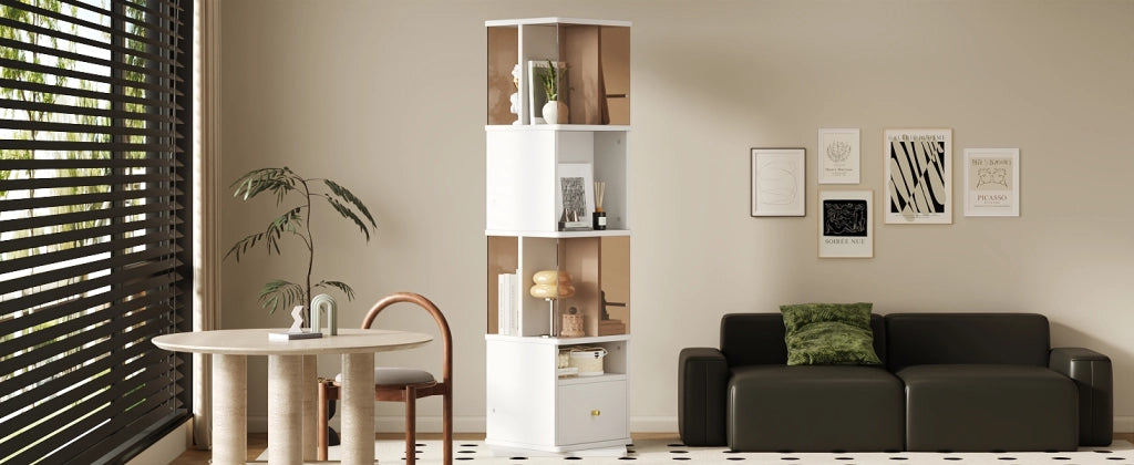 Vetrina girevole con led, 1 cassetto e vani aperti, per soggiorno e studio, in MDF e vetro, bianco e marrone, 50 × 50 × 160 cm
