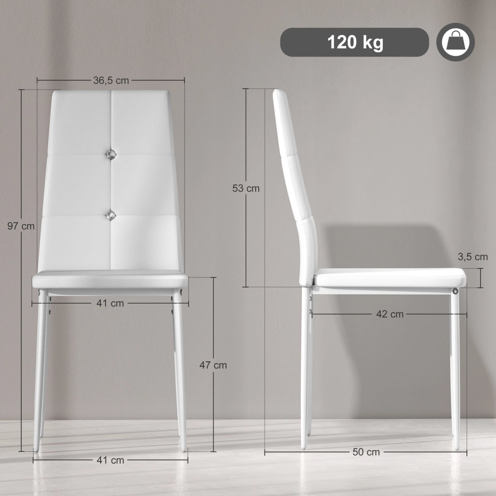 Set di 6 Sedie da Pranzo Imbottite ¨C Zephmum ¨C PU Bianco Schienale Alto con Bottoni Gambe in Acciaio