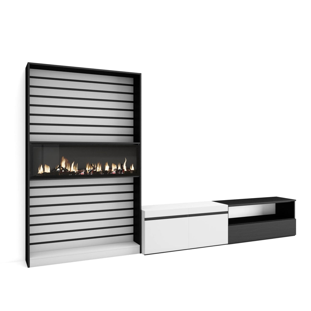Mobile TV, Soggiorno, 310x35x186cm, Per TV fino a 80", Camino elettrico, Bianco e nero RF2844