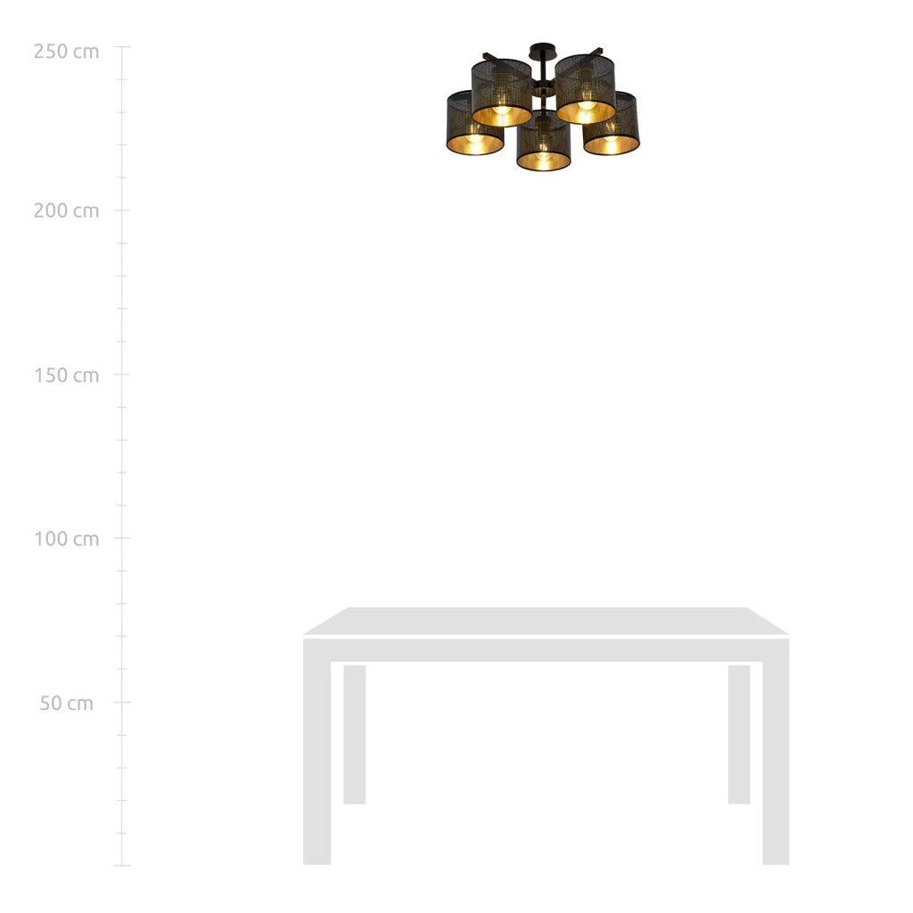 Plafoniera Industrial 5 Luci Cigno In Acciaio Nero E Paralumi A Cilindro Oro