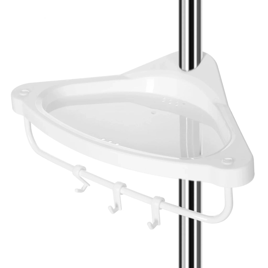 Mensola doccia telescopica mensola angolare bagno altezza 95-300 cm da pavimento a soffitto palo in acciaio inox 4 ripiani 3 ganci 1 porta asciugamani bianco e argento 12_0002733